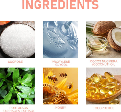 EELHOE Honey Lip Scrub ingredients collage sucrose propylene glycol coconut oil honey tocopherol on Tampa Home & Garden Store