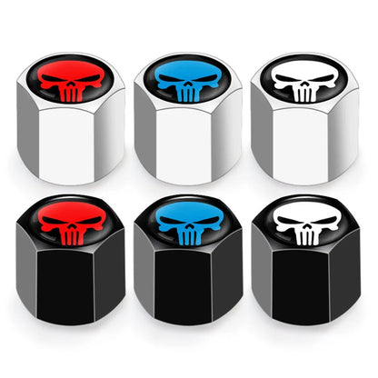 Anti-Theft Skull Valve Caps set of 6 with silver and black bodies and red blue white skull tops on Tampa Home & Garden Store