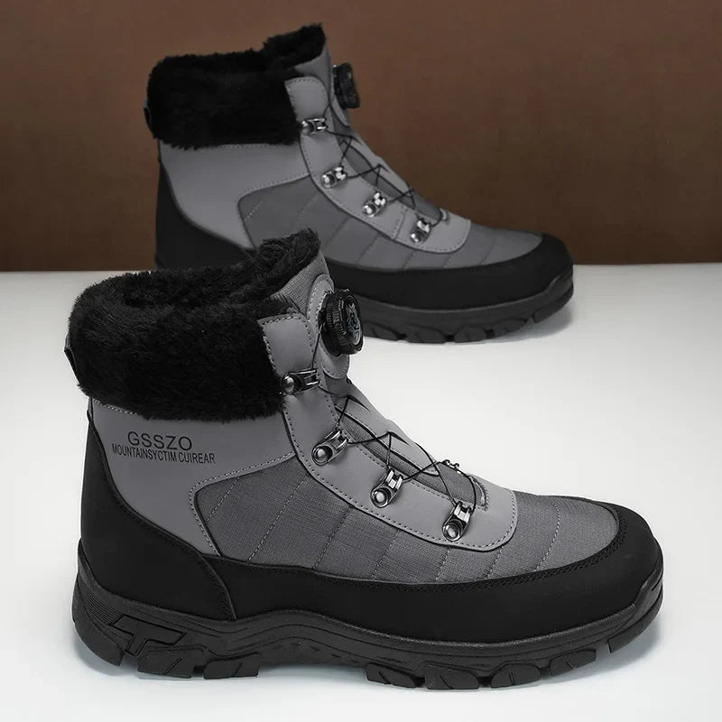 Mens Winter Snow Boots pair grey upper, black trim, fur collar, lug sole UpTrend Deals on Tampa Home & Garden Store