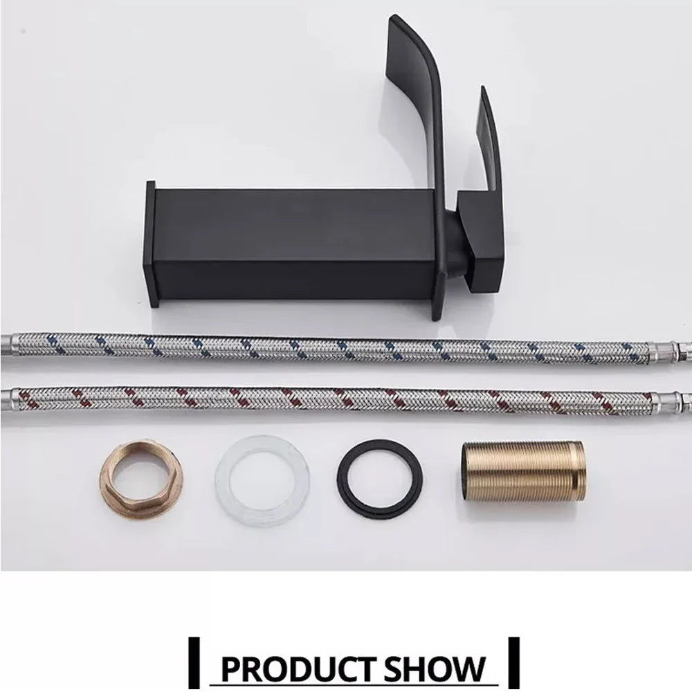 Black matte waterfall faucet for vessel sink, single-hole, Silcy Skin with braided hoses on Tampa Home & Garden Store