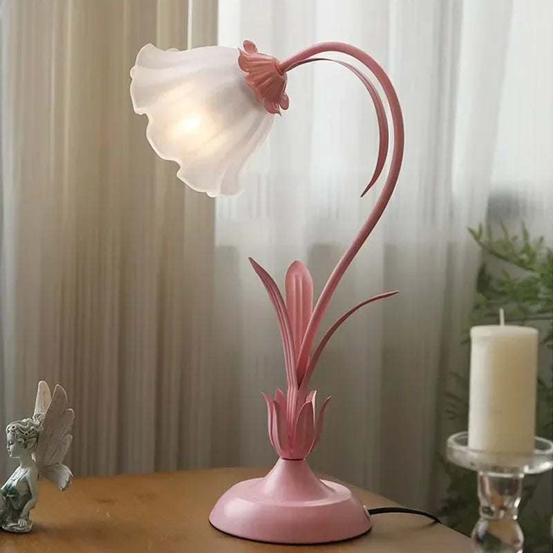Perfecsy pink flower desk lamp with frosted cream shade, curved stem, vintage pastoral bedside light on Tampa Home & Garden Store