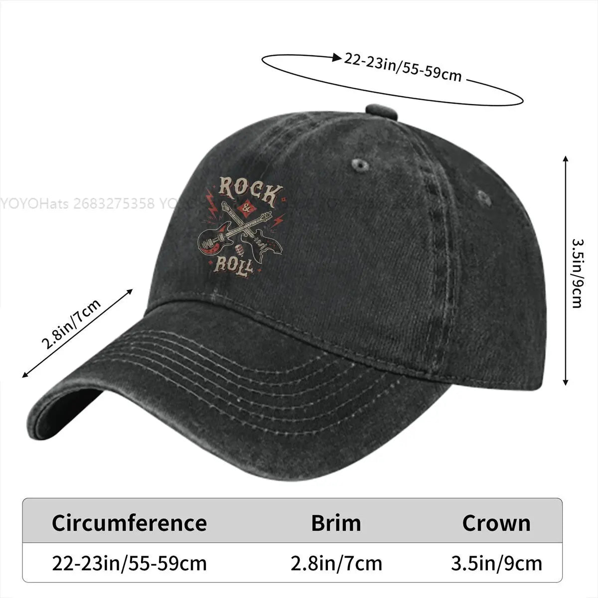 Rock N Roll Multicolor Caps hat in distressed black denim with BikerZoneZ branding on Tampa Home & Garden Store