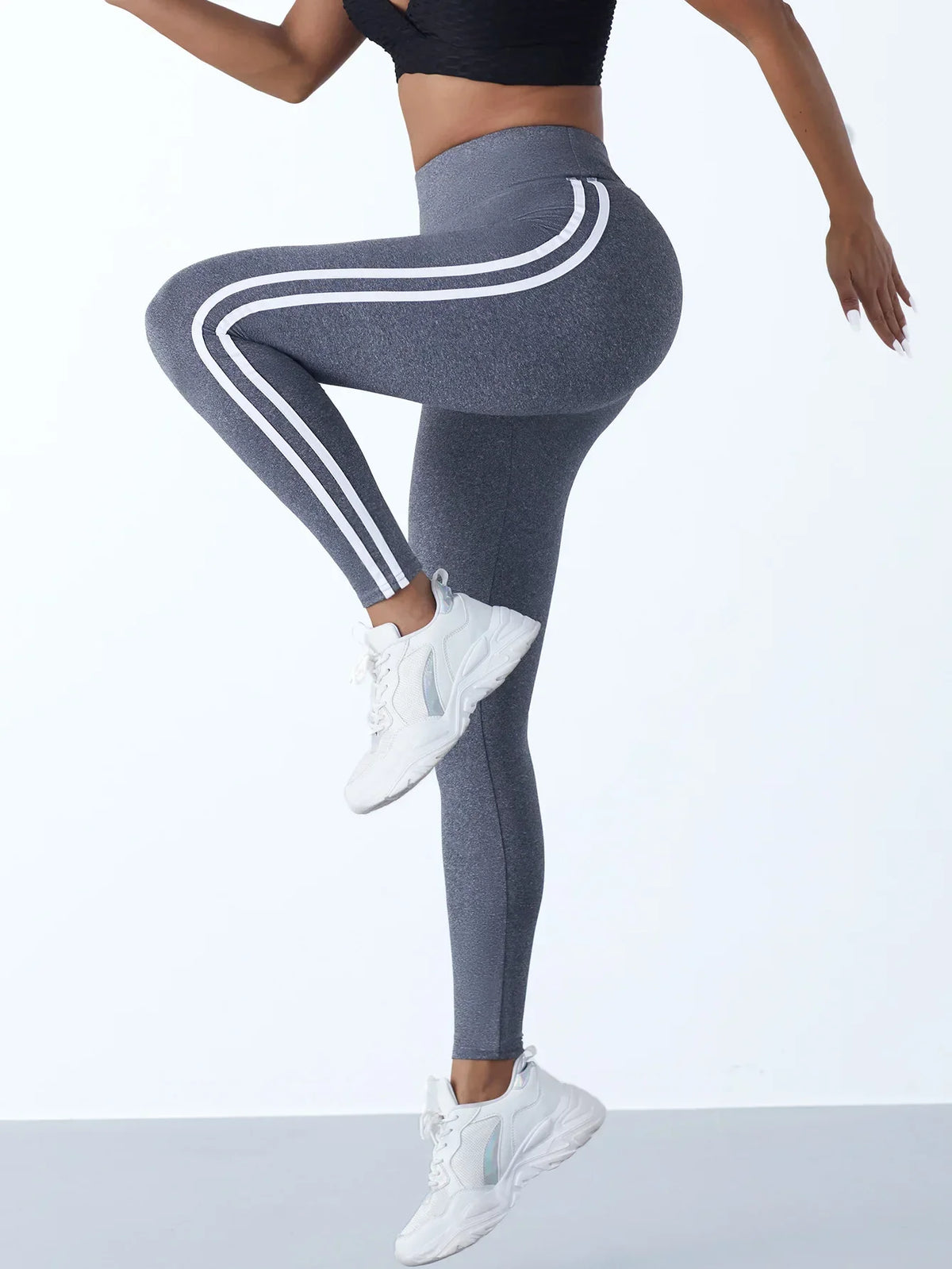 Women's Striped Yoga Leggings grey heather stripes, high-waisted slim fit on Tampa Home & Garden Store