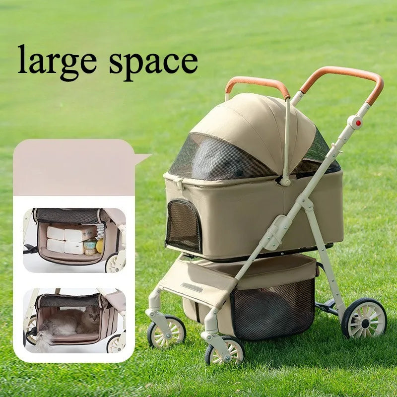Pet Zen 3-in-1 pet stroller with detachable carrier beige storage basket 4-wheel brakes on Tampa Home & Garden Store