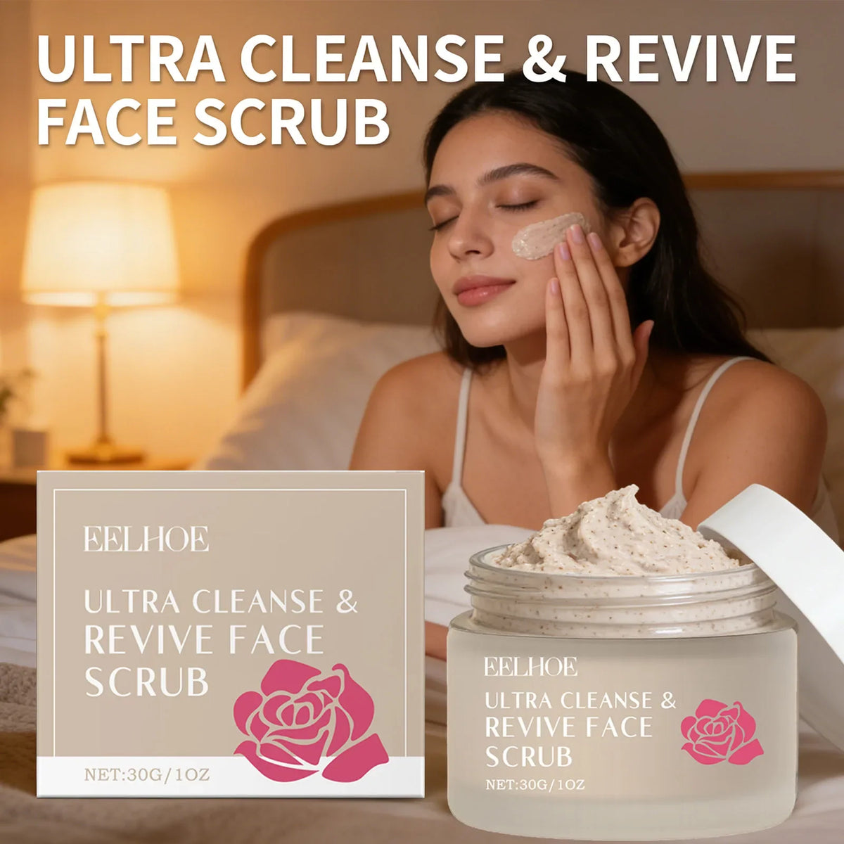 Silcy Skin Ultra Cleanse & Revive Face Scrub jar & box with rose, woman applying scrub on Tampa Home & Garden Store