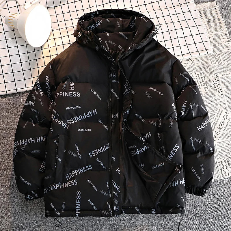 Men's winter parka UpTrend Deals cotton-padded hooded coat in black with happiness print on Tampa Home & Garden Store