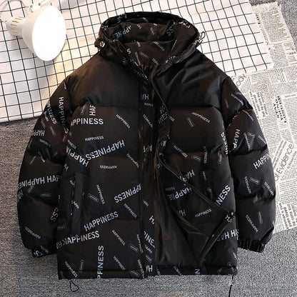 Men's winter parka UpTrend Deals cotton-padded hooded coat in black with happiness print on Tampa Home & Garden Store