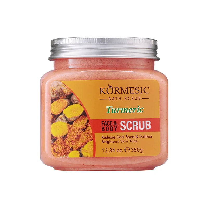 KORMESIC Turmeric Face & Body Scrub jar with orange label 350g on Tampa Home & Garden Store