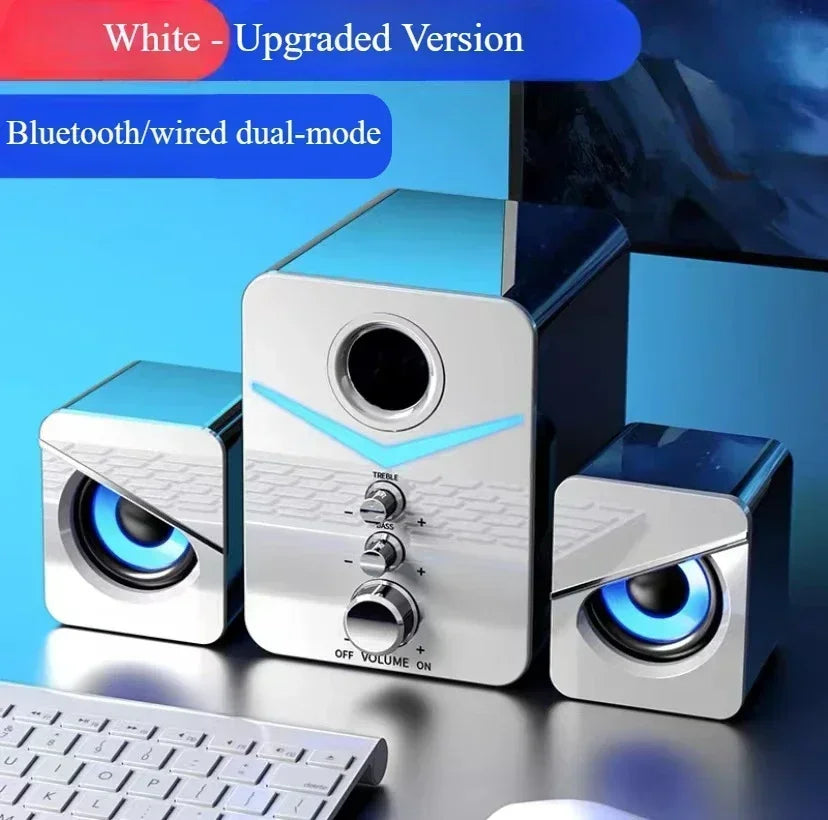 USB desktop speakers with built-in mic, wired stereo system in silver with blue LED UpTrend on Tampa Home & Garden Store