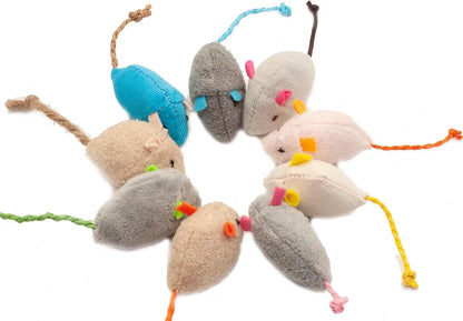 Eight plush catnip rattle mouse toys in assorted faux-fur colors for indoor cats on Tampa Home & Garden Store