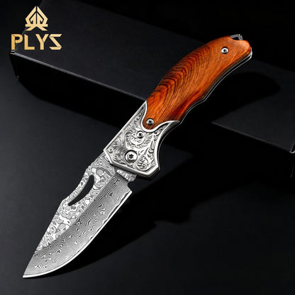 67 Layer Damascus Folding Knife with Wood Handle