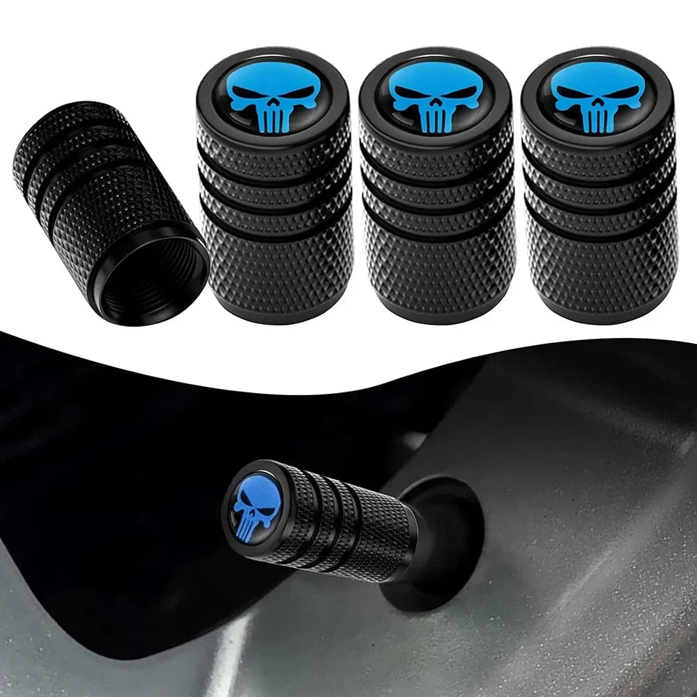 4PCS skull valve caps by BikerZoneZ; knurled black metal with blue skull tops on tire valve on Tampa Home & Garden Store
