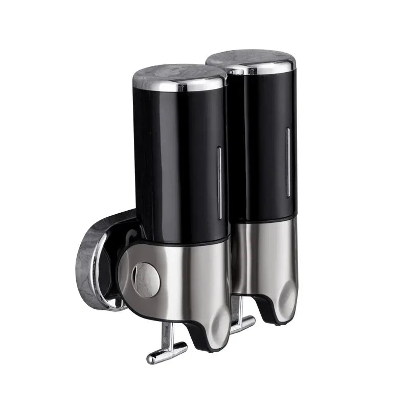 Wall mounted dual shampoo and soap dispenser, black cylindrical tanks with chrome base on Tampa Home & Garden Store