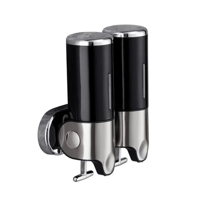 Wall mounted dual shampoo and soap dispenser, black cylindrical tanks with chrome base on Tampa Home & Garden Store
