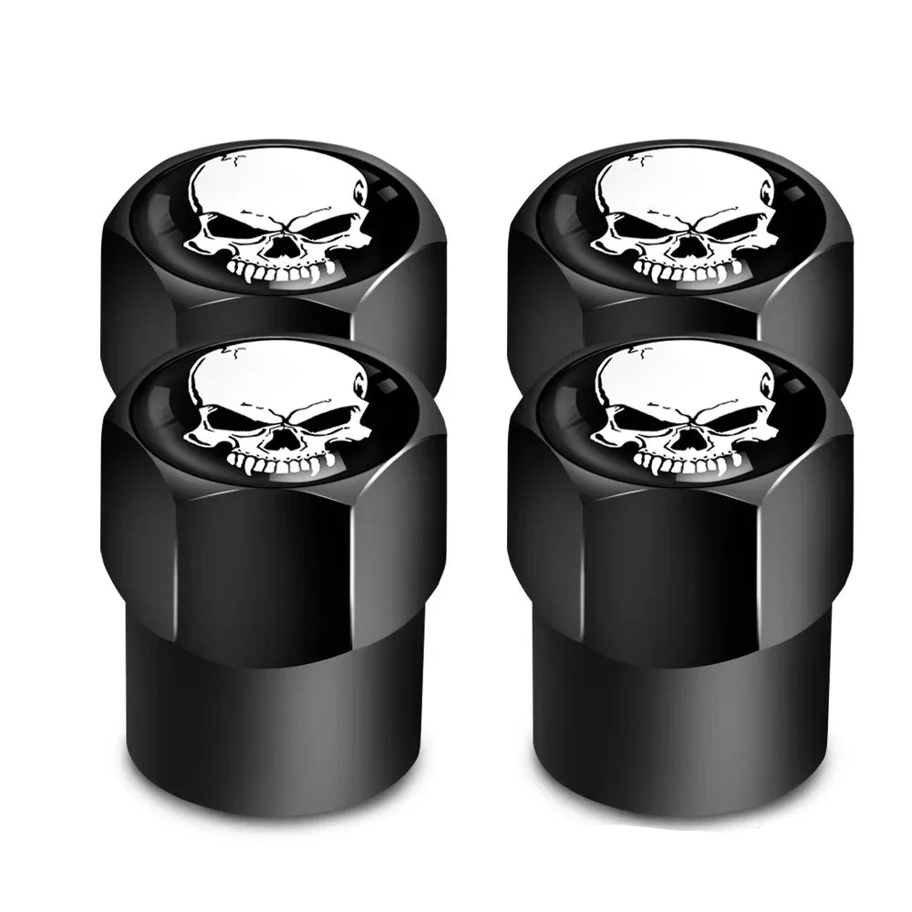 4-piece valve stem caps set in black with skull logo by BikerZoneZ for motor vehicle tires on Tampa Home & Garden Store