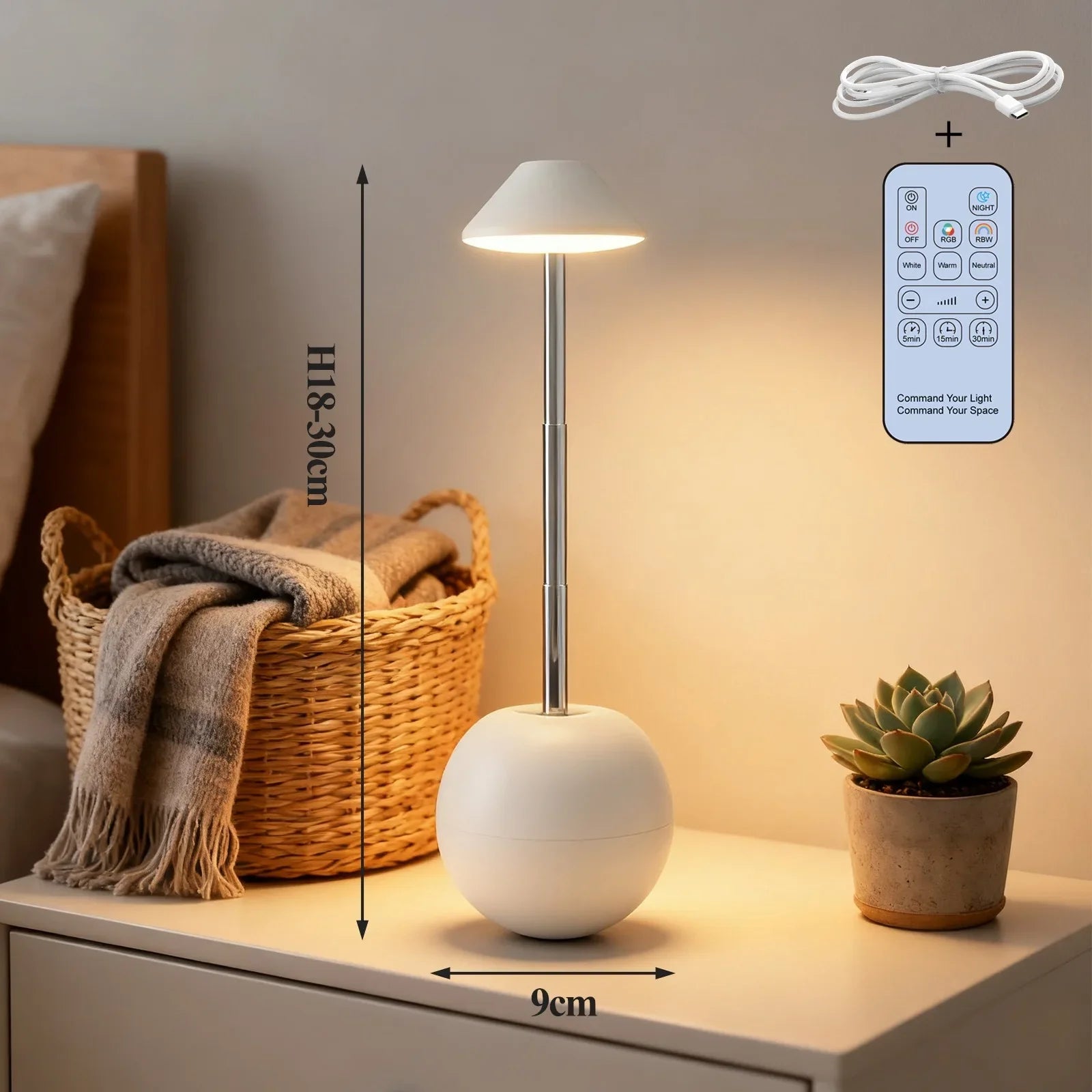 Perfecsy LED touch lamp with remote, RGB light, adjustable height on a table with a plant on Tampa Home & Garden Store