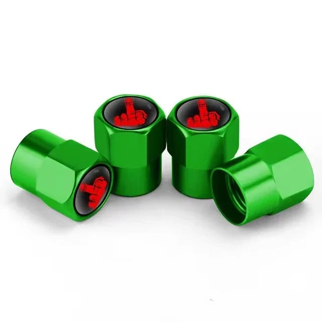 Aluminium valvecaps 4pcs green with black inner tops and red graphic imprint by BikerZoneZ on Tampa Home & Garden Store