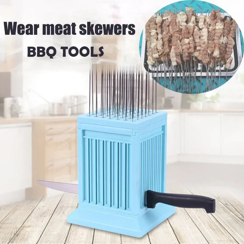 Perfecsy BBQ meat skewer maker with 49 holes blue stand and metal skewers on Tampa Home & Garden Store