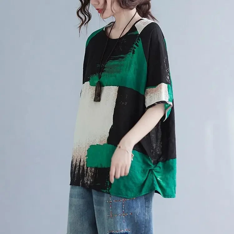 Women Summer T-shirt retro loose cotton-linen short sleeve top with green and black color blocks on Tampa Home & Garden Store