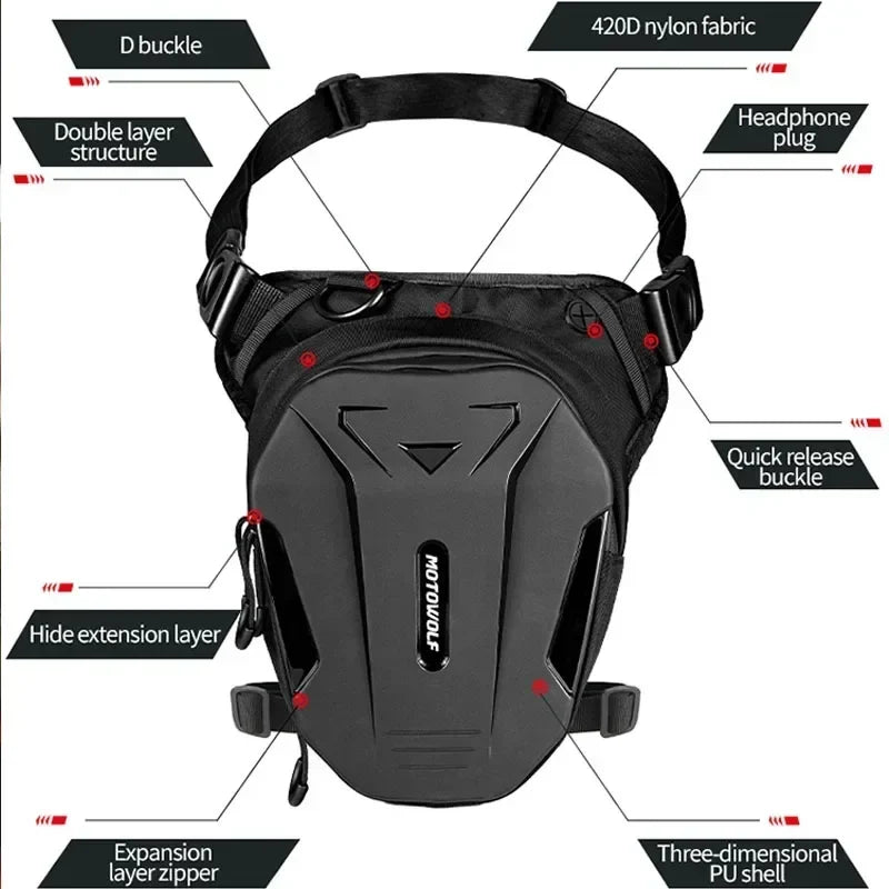 Motorcycle leg-side hard-shell fanny pack, black 420D nylon fabric, quick-release buckle on Tampa Home & Garden Store