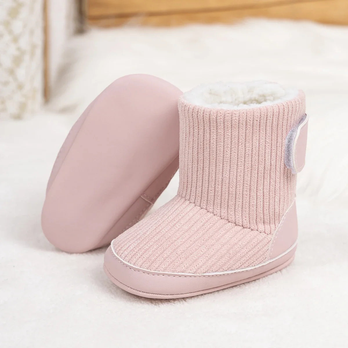 Newborn winter boots pink corduroy booties with ribbed shaft and fluffy lining by UpTrend Deals on Tampa Home & Garden Store