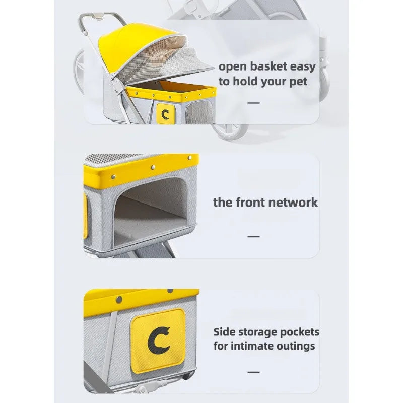 Pet Zen foldable pet stroller with yellow frame and mesh panels on Tampa Home & Garden Store