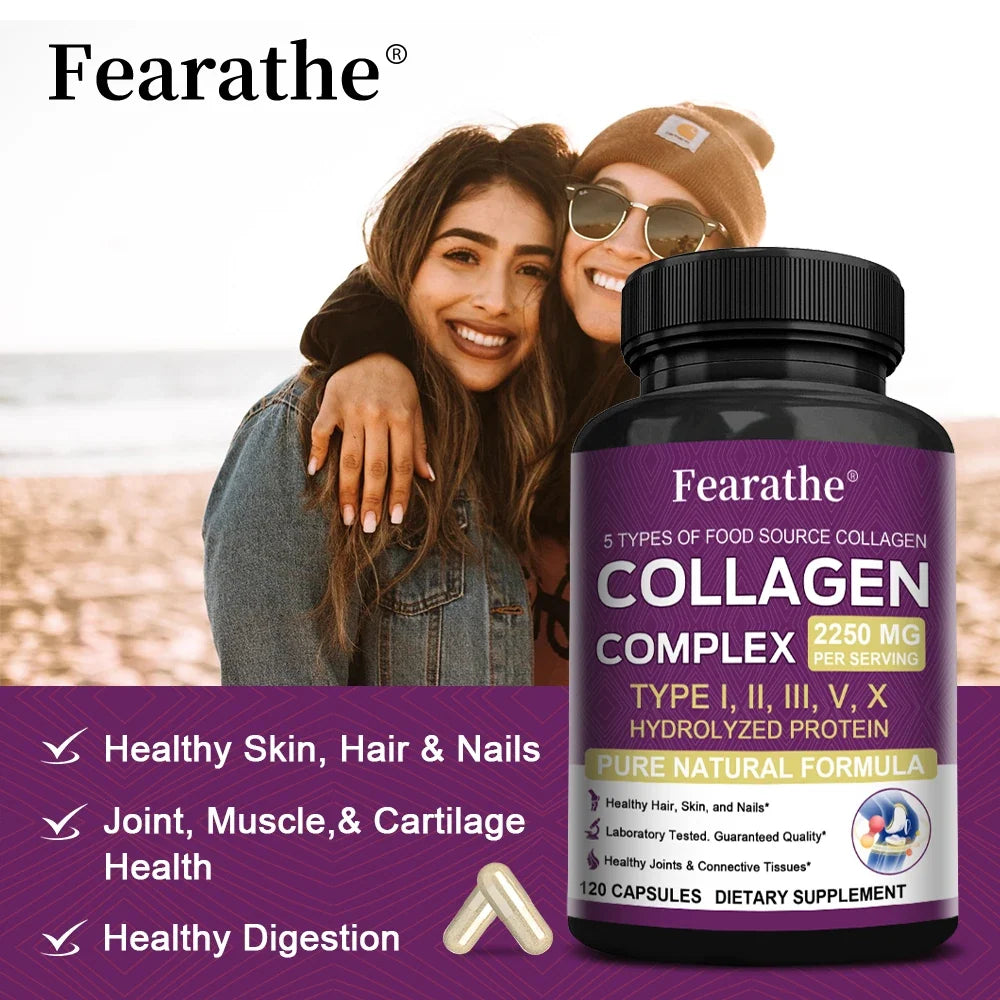 Fearathe Collagen Complex bottle with purple label hydrolyzed collagen Type I II III V X capsules on Tampa Home & Garden Store