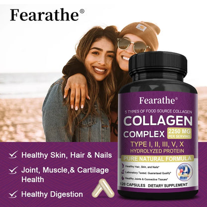 Fearathe Collagen Complex bottle with purple label hydrolyzed collagen Type I II III V X capsules on Tampa Home & Garden Store