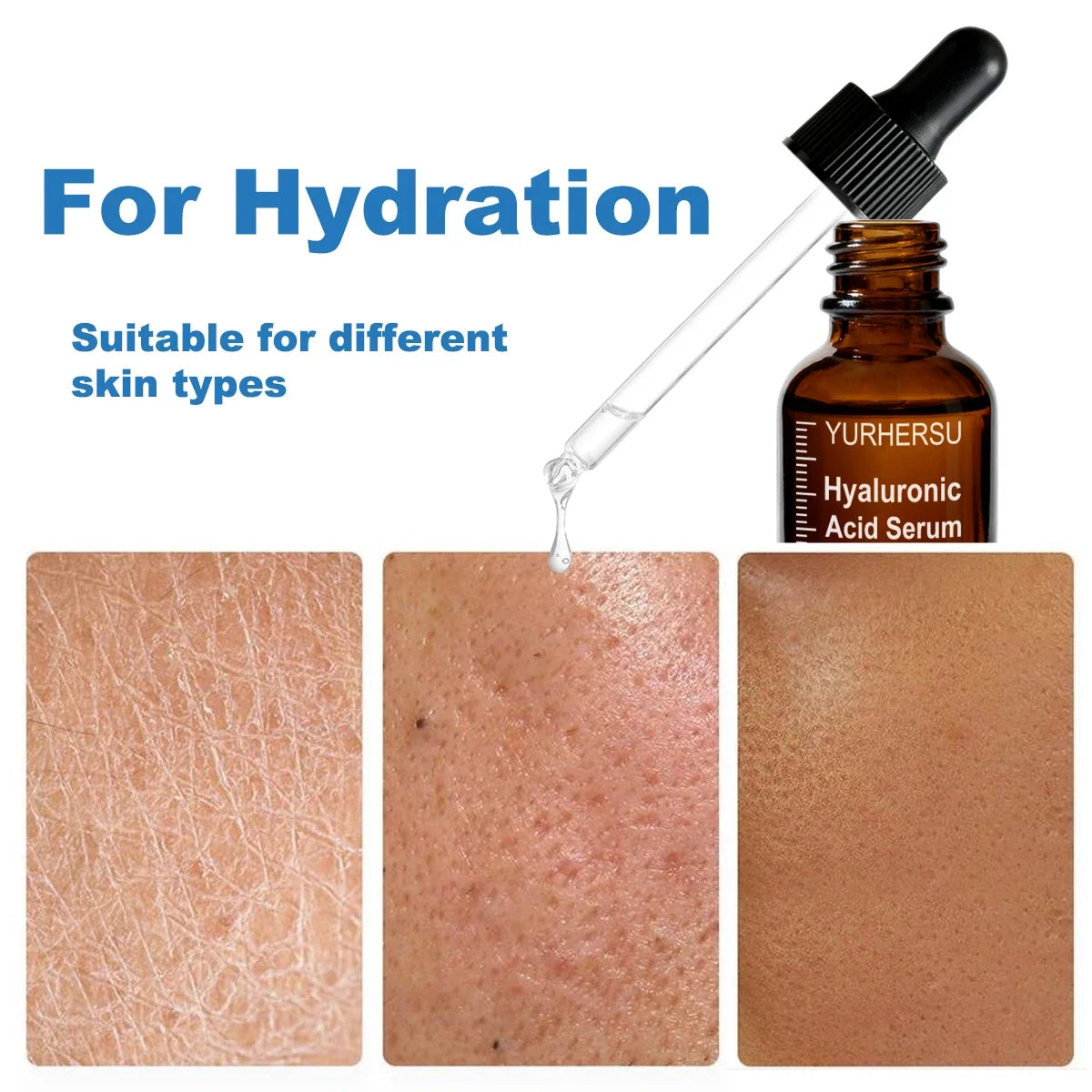 3.0% Hyaluronic Acid Serum 1oz bottle with dropper by YURHERSU for hydration; three skin texture panels on Tampa Home & Garden Store