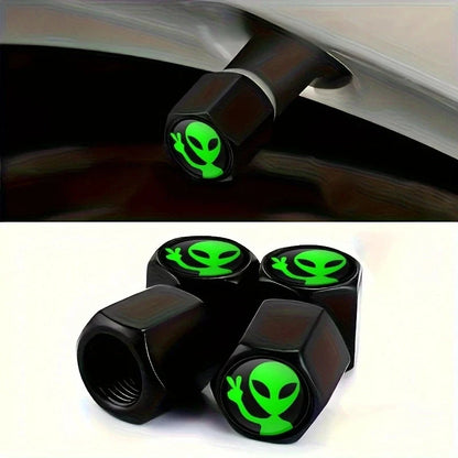 4PCS Aluminium Valve Stem Caps, black with neon green alien logo, 4-pack valvecaps on Tampa Home & Garden Store