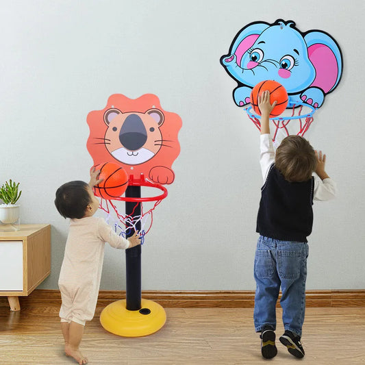 Kids adjustable basketball hoop set with orange lion and blue elephant backboards, two hoops on Tampa Home & Garden Store