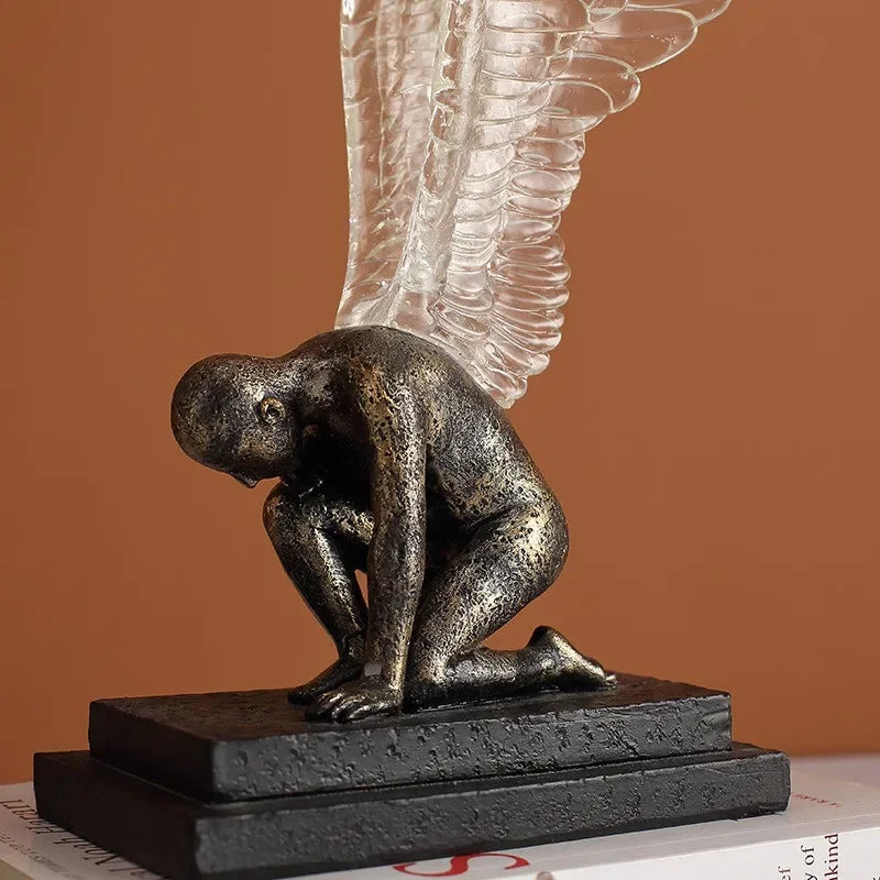 Angel Wings Model Statue dark bronze resin figure with clear wings on a black base Perfecsy on Tampa Home & Garden Store