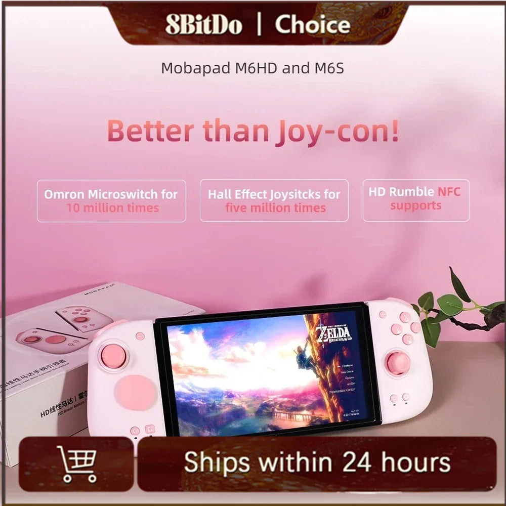 MOBAPAD M6HD/M6S gamepad with white-pink grips and screen showing Zelda, boxed FLIPSTYLEZLLC on Tampa Home & Garden Store