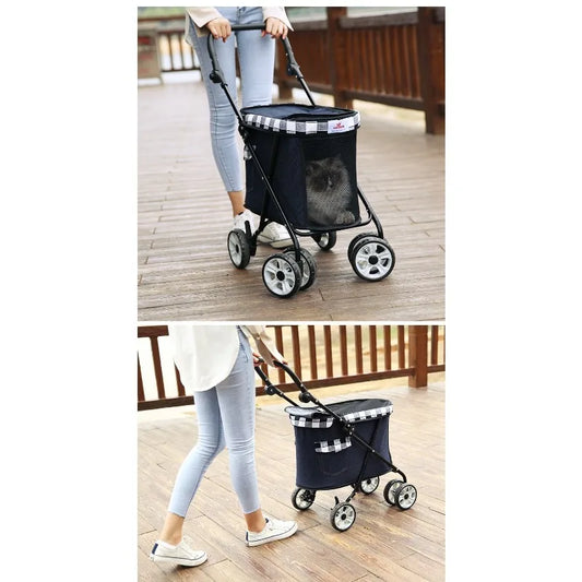 Pet Zen folding pet stroller cabin in black and navy with top mesh canopy, swivel front wheels on Tampa Home & Garden Store