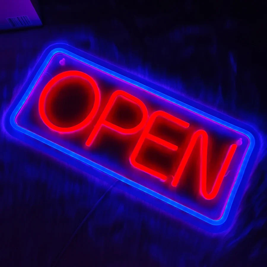 Open neon sign by Perfecsy, red letters with blue border, USB powered decor on Tampa Home & Garden Store