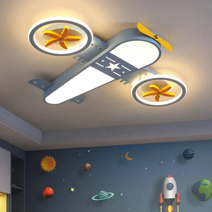 DecorBites Kids Airplane Ceiling Light bluegray body white LED panels yellow propellers remote on Tampa Home & Garden Store
