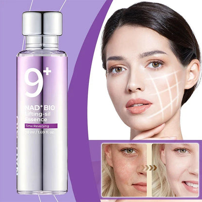 NAD+ BIO lifting-sil serum bottle in lavender gradient by Silcy Skin beside a model's face on Tampa Home & Garden Store