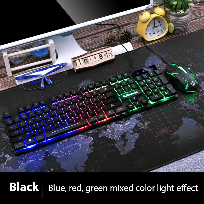 KM320 keyboard and mouse set with waterproof backlit RGB lighting on a world map mouse pad on Tampa Home & Garden Store
