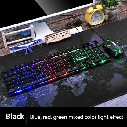 KM320 keyboard and mouse set with waterproof backlit RGB lighting on a world map mouse pad on Tampa Home & Garden Store
