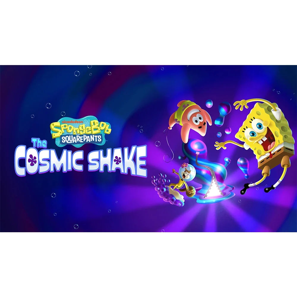 Nintendo Switch game art SpongeBob SquarePants The Cosmic Shake featuring SpongeBob and Patrick in a vivid purple space swirl on Tampa Home & Garden Store