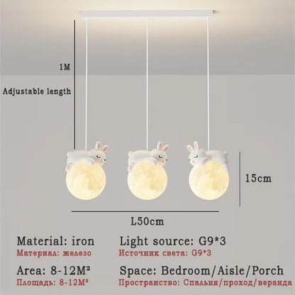 DecorBites White Bear Bunny LED pendant light trio with glass moon bulbs adjustable length on Tampa Home & Garden Store