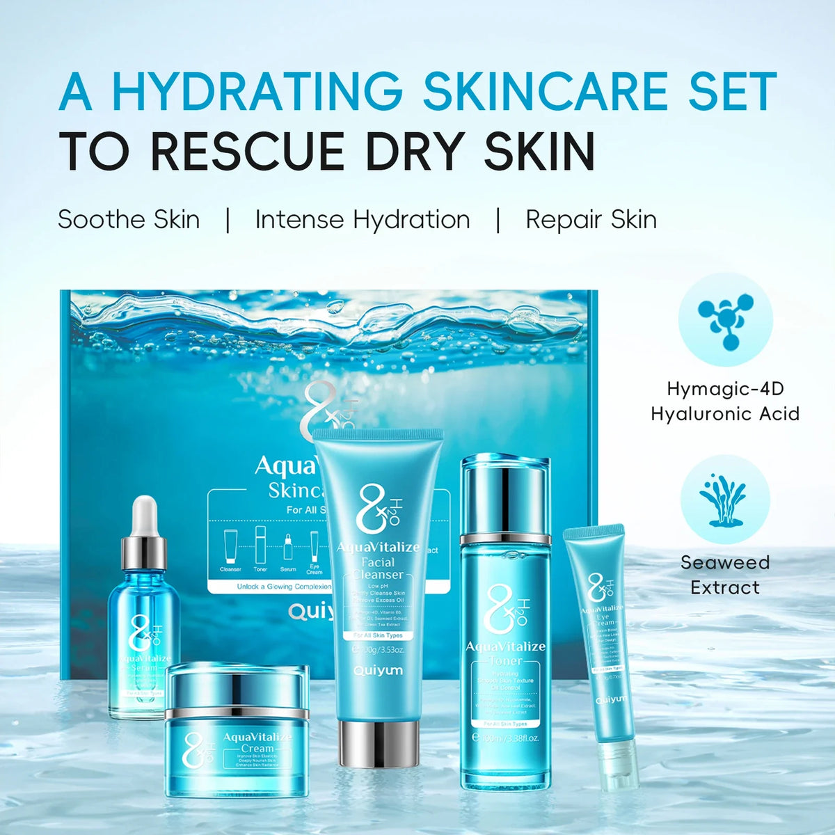 QUIYUM 8X H2O AquaVitalize 5pc blue skincare set with serum toner cream Silcy Skin on Tampa Home & Garden Store