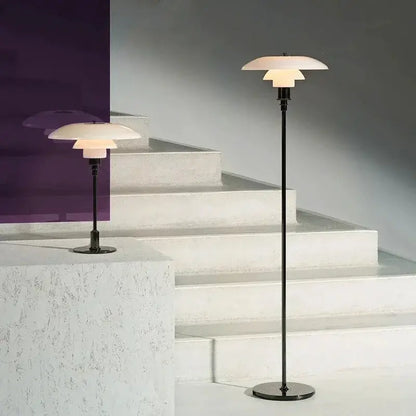 DecorBites LED Floor Lamps, two black poles with layered white shades, modern home lighting on Tampa Home & Garden Store