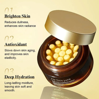 Silcy Skin Vitamin C capsule moisturizer jar with gold lid and yellow capsules on Tampa Home & Garden Store