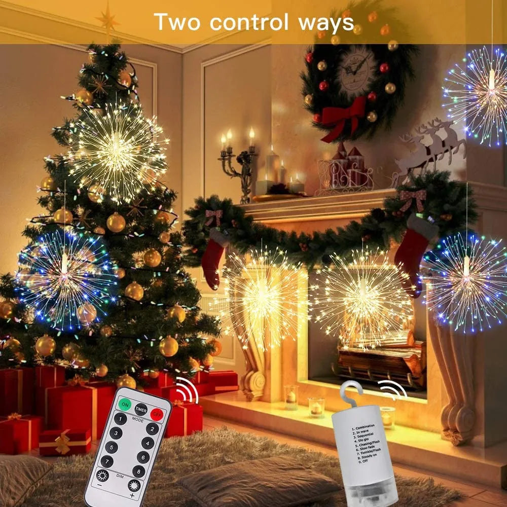 LED Firework Fairy Lights Copper Wire Starburst 8 Modes Remote Outdoor Decor