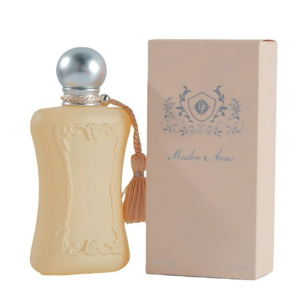 Maiden Anna perfume by Silcy Skin, creamy frosted glass, silver cap and tassel beside pink box on Tampa Home & Garden Store