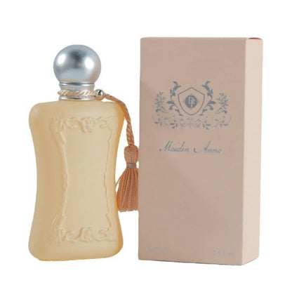 Maiden Anna perfume by Silcy Skin, creamy frosted glass, silver cap and tassel beside pink box on Tampa Home & Garden Store