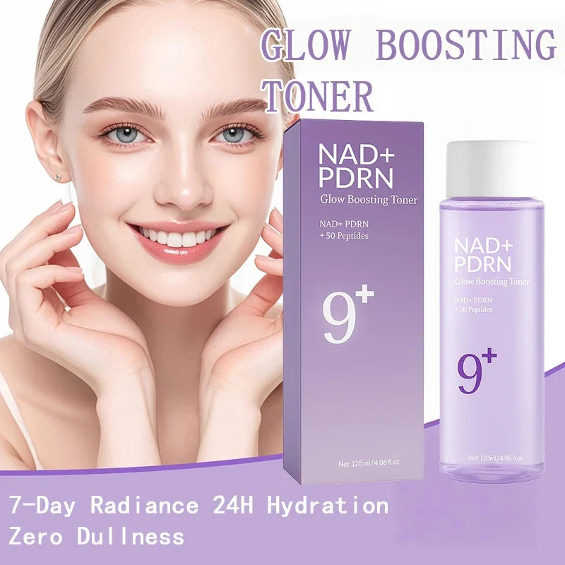 Silcy Skin NAD+ PDRN Glow Boosting Toner bottle and purple gradient box with 9+ peptides on Tampa Home & Garden Store