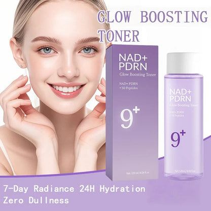 Silcy Skin NAD+ PDRN Glow Boosting Toner bottle and purple gradient box with 9+ peptides on Tampa Home & Garden Store