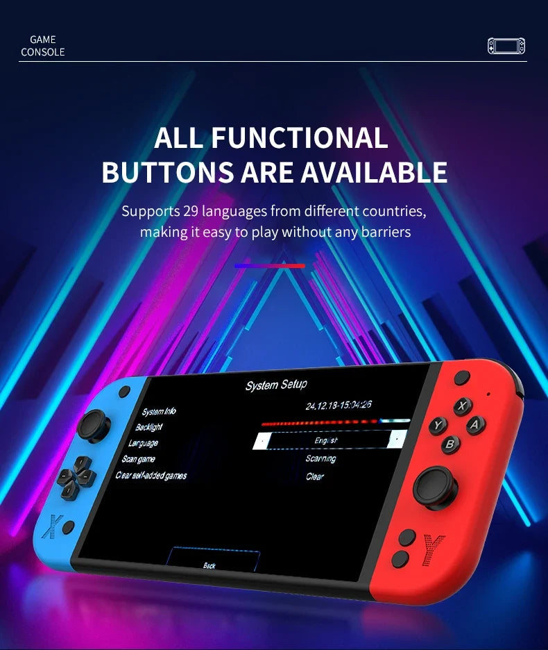 G90 handheld game console, 7in display, blue left, red right controllers, 64GB on Tampa Home & Garden Store
